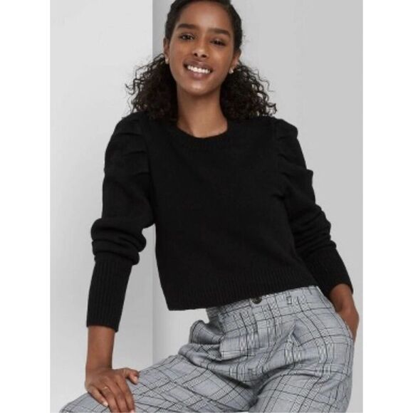 New Wild Fable Junior Women’s Black Puff Sleeve Cropped Stretch Black Sweater M - Picture 1 of 11